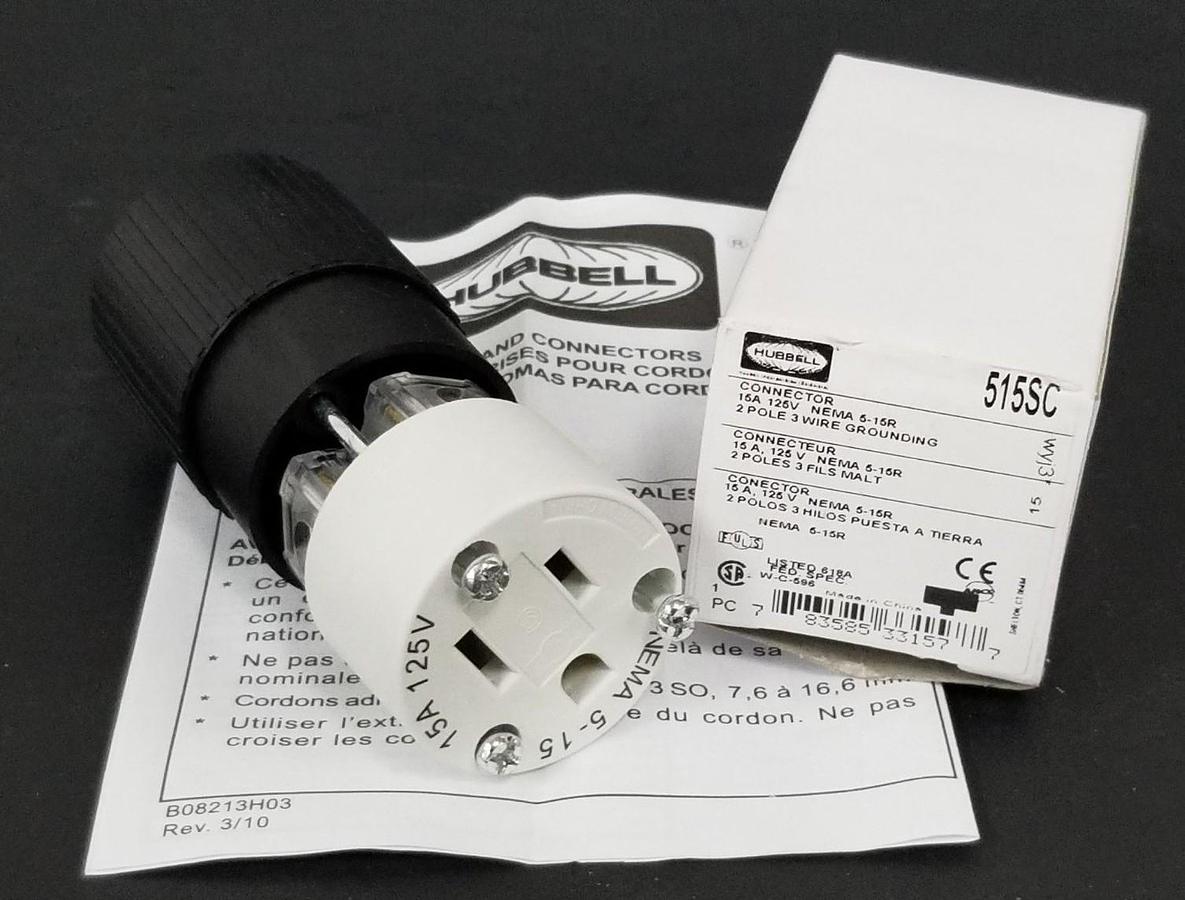 Used NIB HUBBELL 515SC CONNECTOR PLUG 15A 125V NEMA 5-15R FEMALE