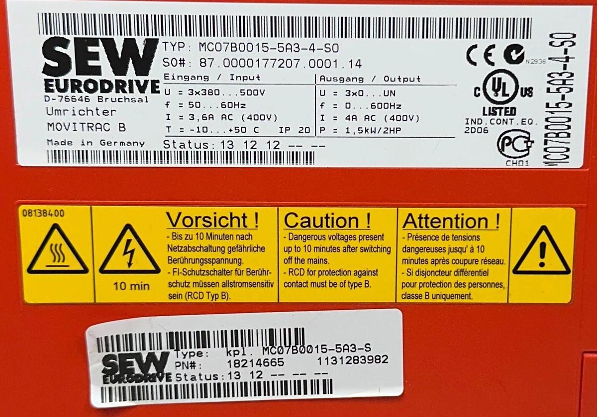 Used SEW EURODRIVE MC07B0015-5A3-4-S0 / MC07B0015-5A3-4-S MOVITRAC B 1.5kW/2HP USNP