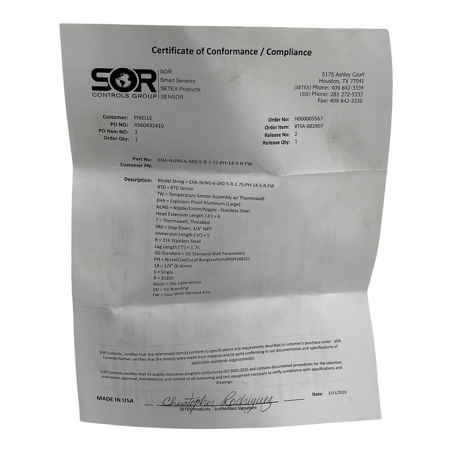 Used SOR Controls EHA-NUNS-6-SR0-5-R-1.75-PH-14-S-R-FW RTD Thermowell Sensor New