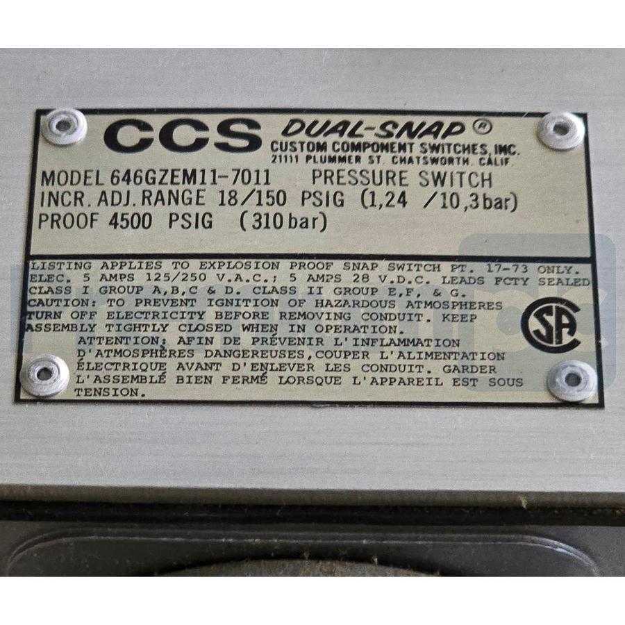 Used CCS Custom Control Sensors 646GZEM11-7011 Dual-Snap Pressure Switch 18-150psi Ex