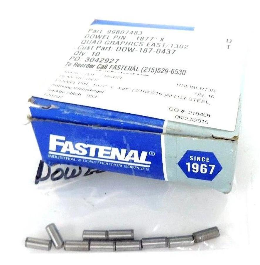 LOT OF 10 NEW FASTENAL DOWEL PINS 99607483, .1877'' X .438'' ALLOY STEEL