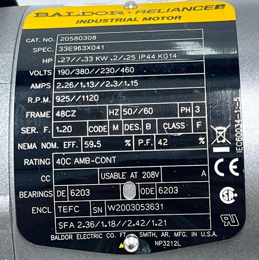 Baldor-Reliance 20580308 Industrial Motor 1/2 HP 1120 RPM 3 Phase 48CZ TEFC