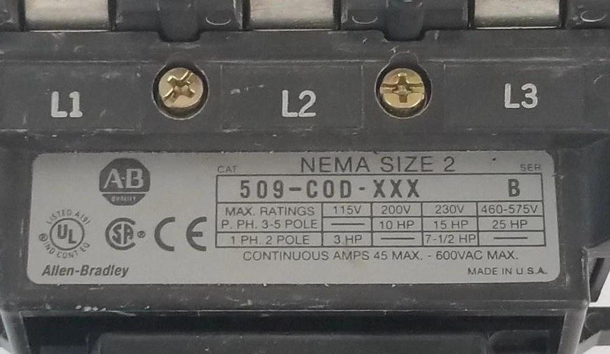 Used ALLEN BRADLEY 509-COD-XXX STARTER SIZE 2, SER. B, 120V 60HZ, CC236 , 595-A