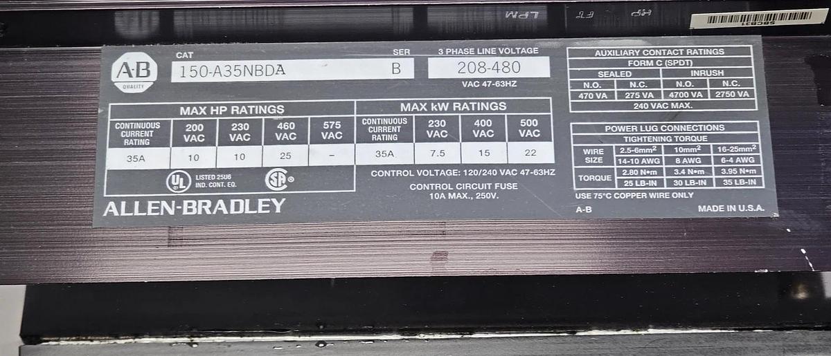 Used ALLEN BRADLEY 150-A35NBDA MOTOR CONTROLLER 150A35NBDA SER. B