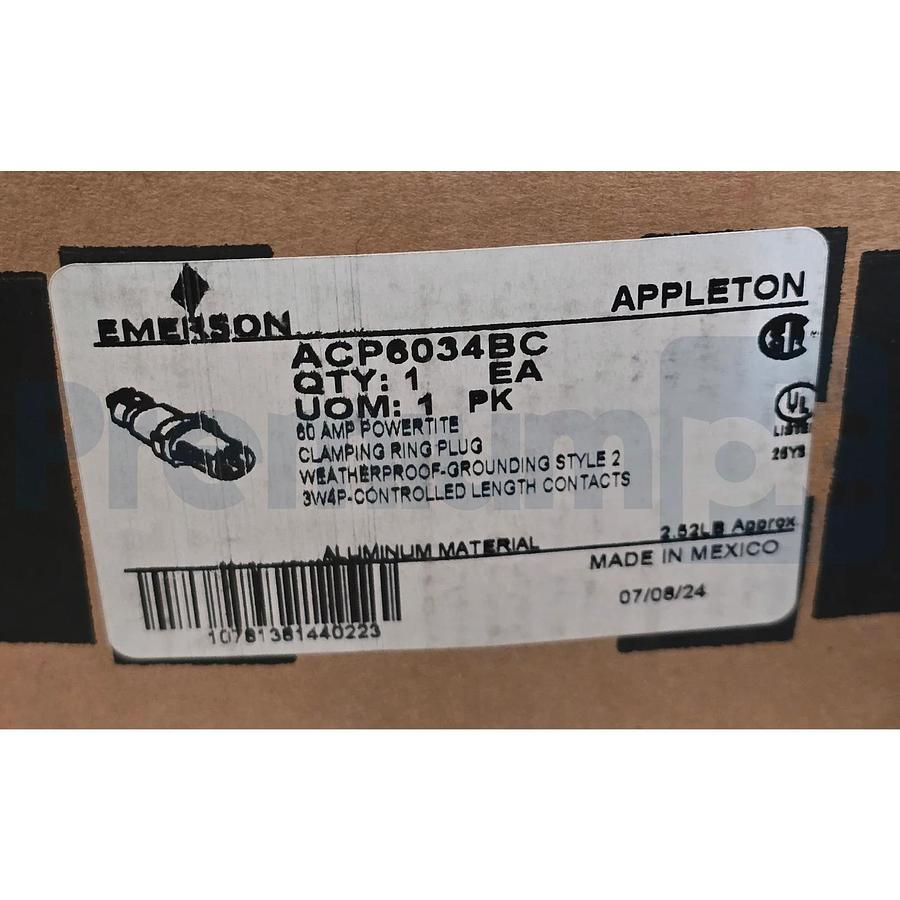 Appleton ACP6034BC Powertite 60 Amp 600V 3-Wire 4-P Metallic Clamping Ring Plug 781381440226