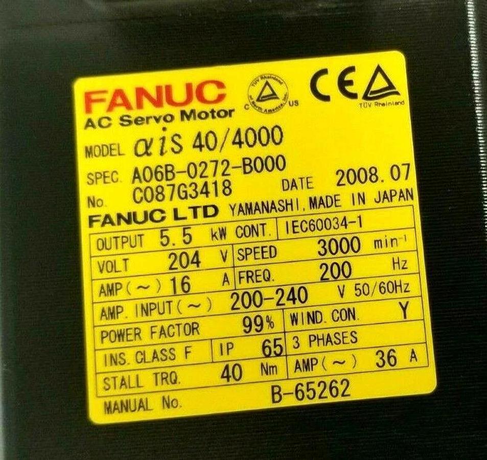Used FANUC A06B-0272-B000 SERVO MOTOR 5.5kW W/ A860-2000-T301 ENCODER A06B0272B000