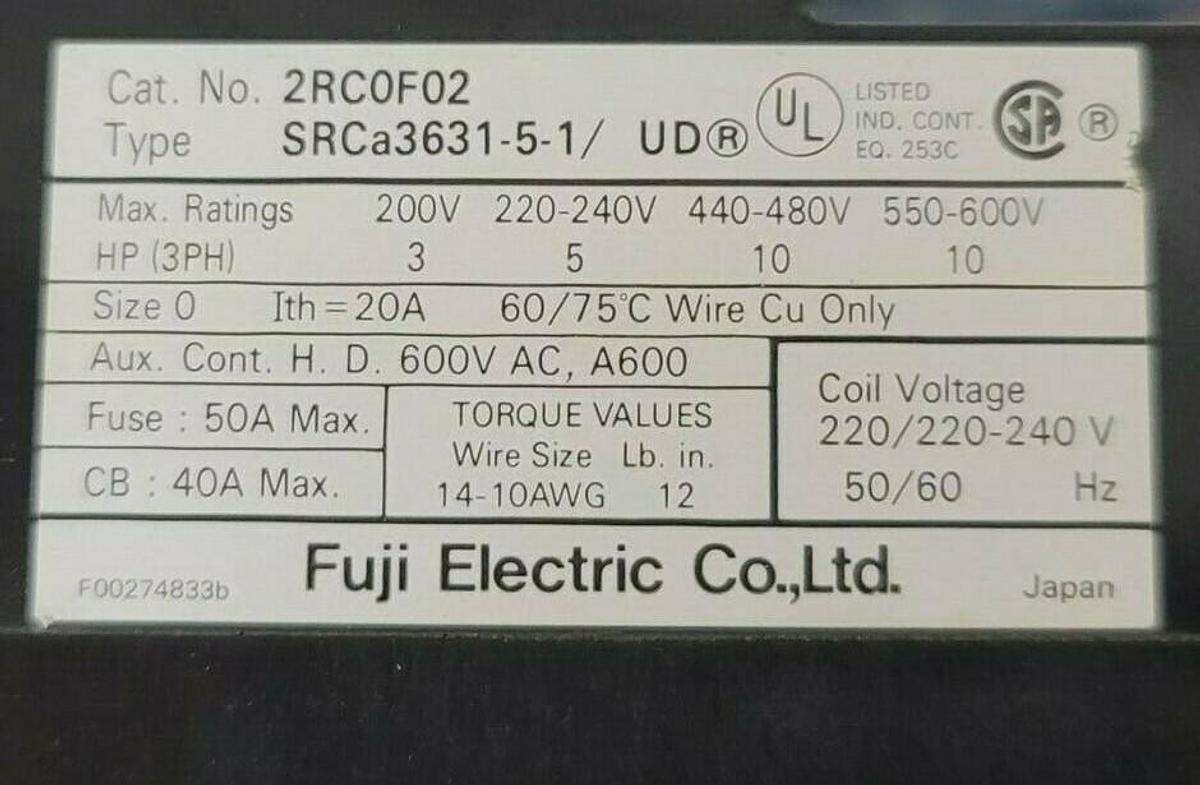 Used LOT OF 2 NEW FUJI ELECTRIC SRCA3631-5-1/UD CONTACTORS CAT. NO. 2RCOF02