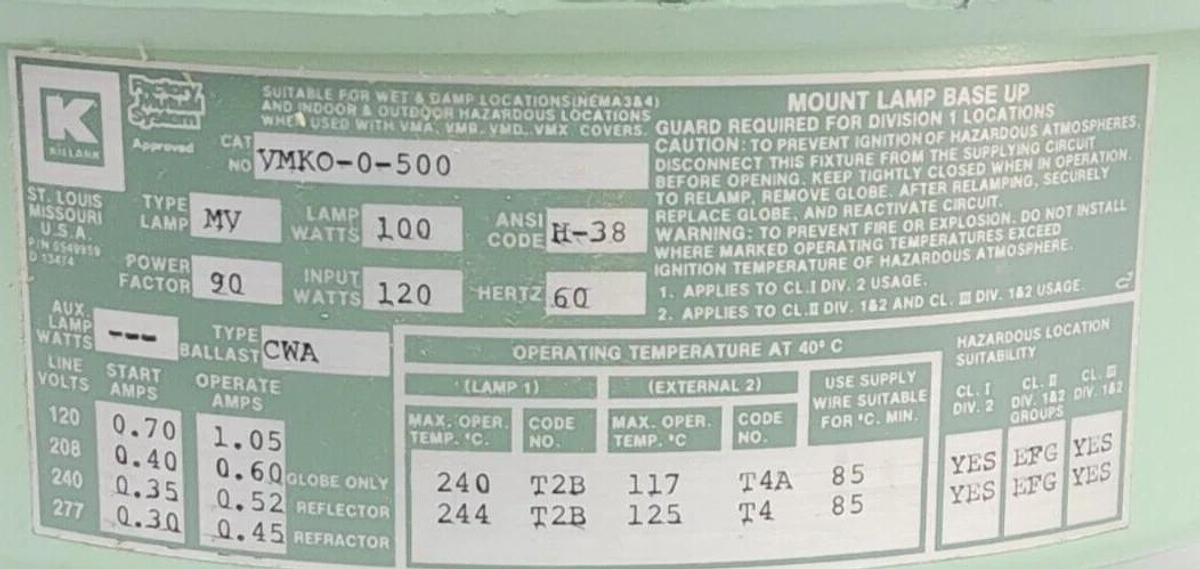 Used NEW HUBBELL KILLARK VMKO-0-500 / VMKO0500 VM SERIES HID LIGHTING BALLAST TANK