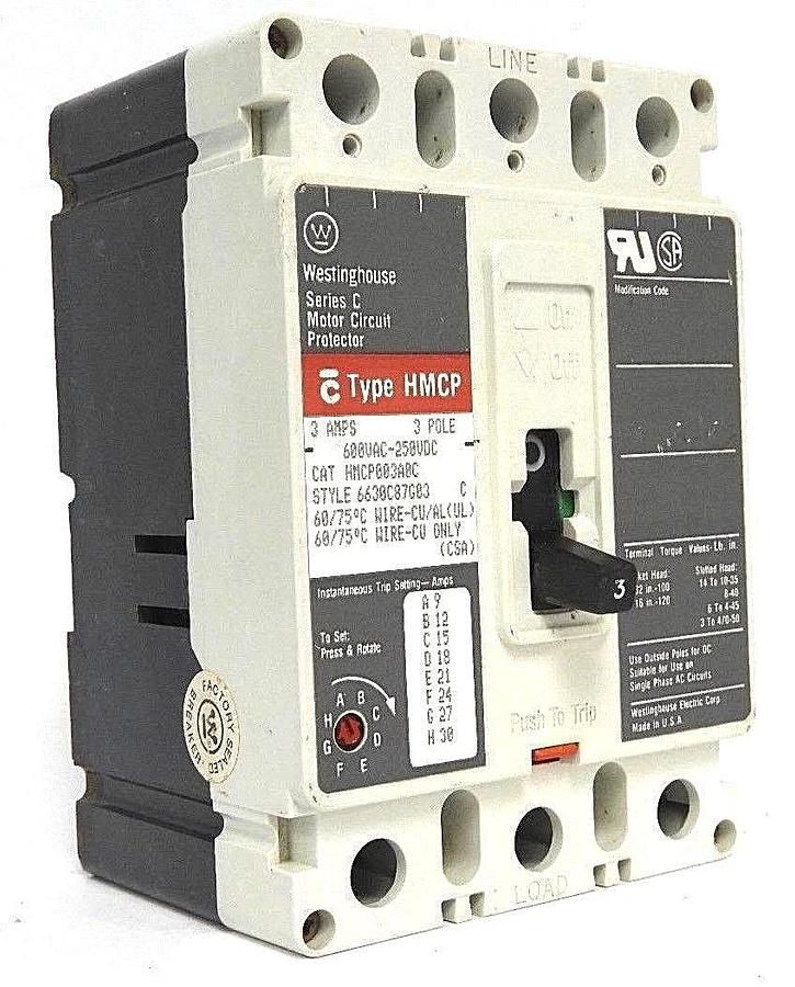 Used WESTINGHOUSE HMCP003A0C CIRCUIT BREAKER S# 6630C87G03, 3 AMPS, SERIES C