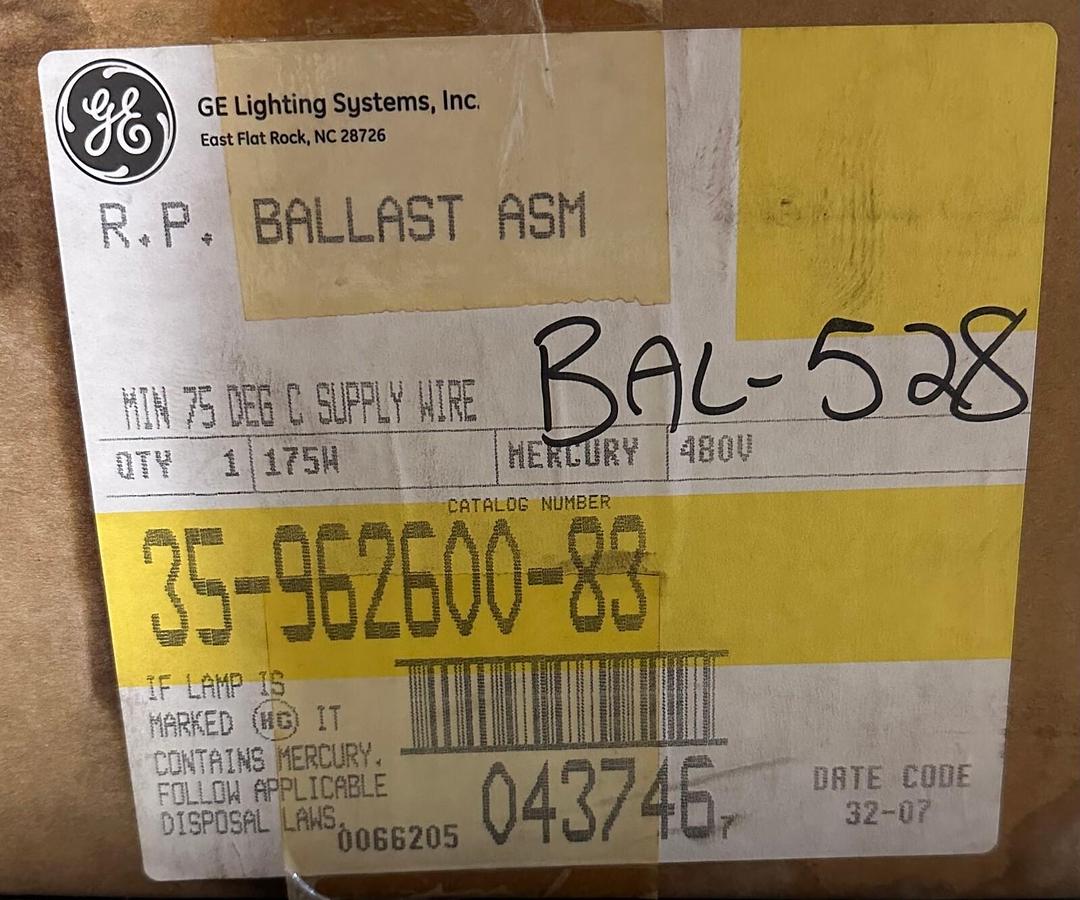 Used NIB GE 35-962600-83 R.P. BALLAST ASM MIN 75 DEG C SUPPLY WIRE 175W 480V