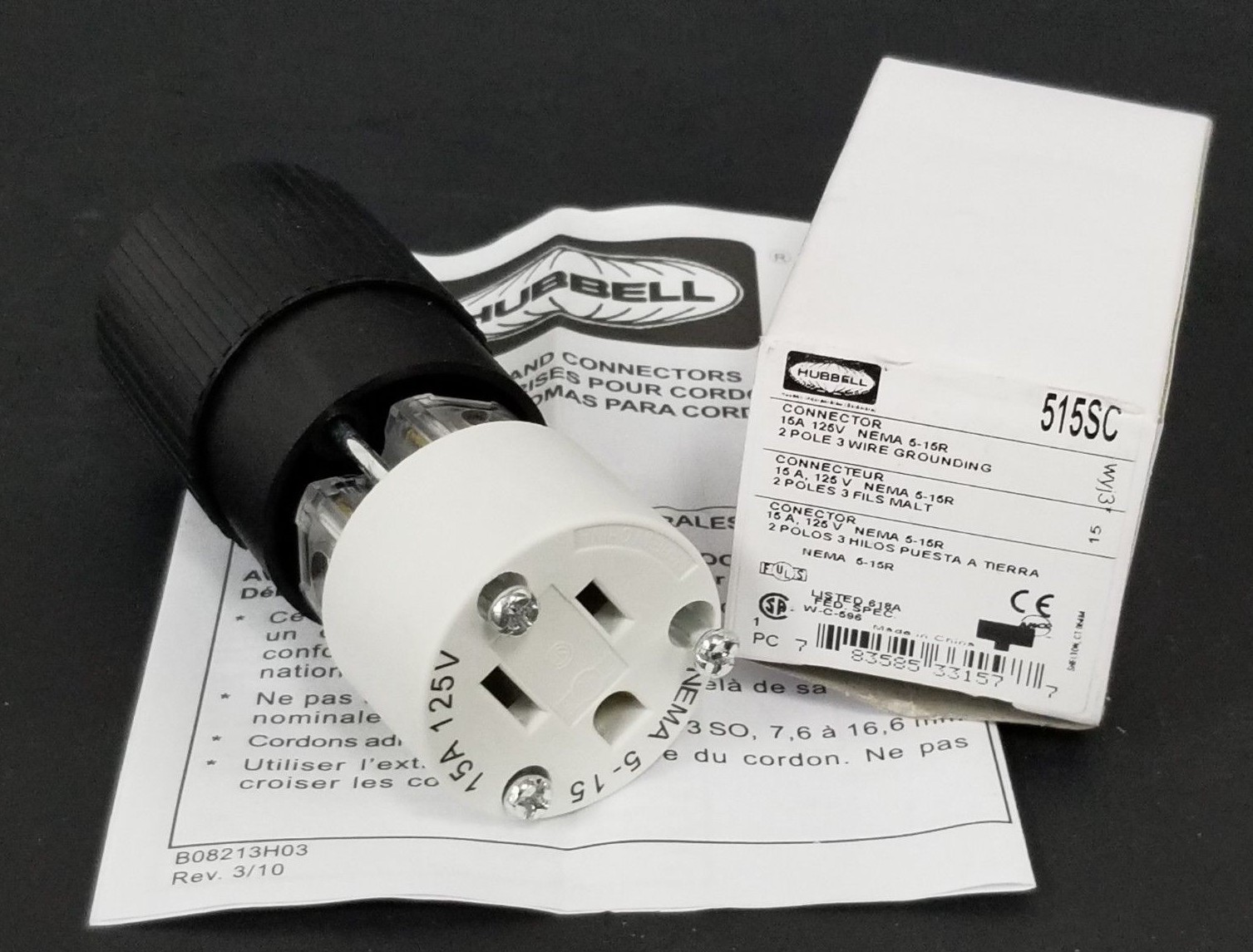 NIB HUBBELL 515SC CONNECTOR PLUG 15A 125V NEMA 5-15R FEMALE