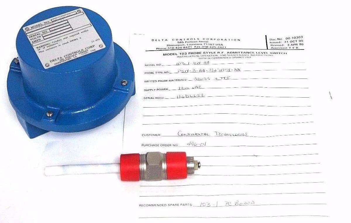 Used NIB DELTA CONTROLS 103-1-4W-AA PROBE P51Y-3-AA-3/4"NPTY-AA 120VAC LEVEL SWITCH