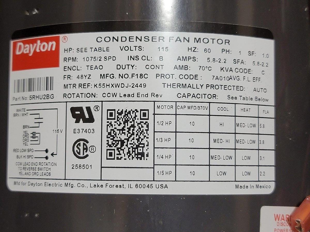 Used NEW DAYTON 5RHU2BG 1/2HP PERMANENT SPLIT CAPACITOR CONDENSER FAN MOTOR 60HZ 48YZ