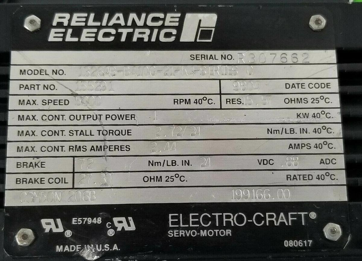 Refurbished RELIANCE / ELECTRO-CRAFT 1326AB-B410G-21-K4 SERVO MOTOR SER. C 155291 (REPAIRED)