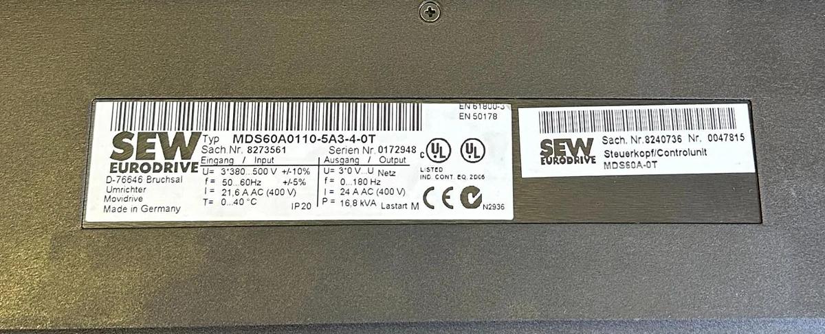 Used SEW EURODRIVE MDS60A0110-5A3-4-0T / MDX60A0110-5A3-4-00 MOVIDRIVE 380/500V DRIVE