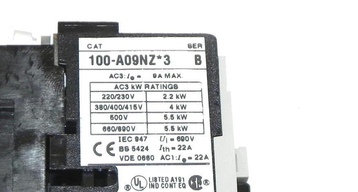Used ALLEN BRADLEY 100-A09NZ*3 CONTACTOR 9AMP 660V 3 POLES 100A09NZ3, 24V DC