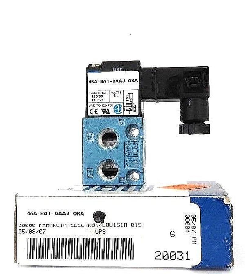 Used NIB MAC 45A-BA1-DAAJ-0KA SOLENOID VALVE 110/120VAC, 5.4W, 120PSI