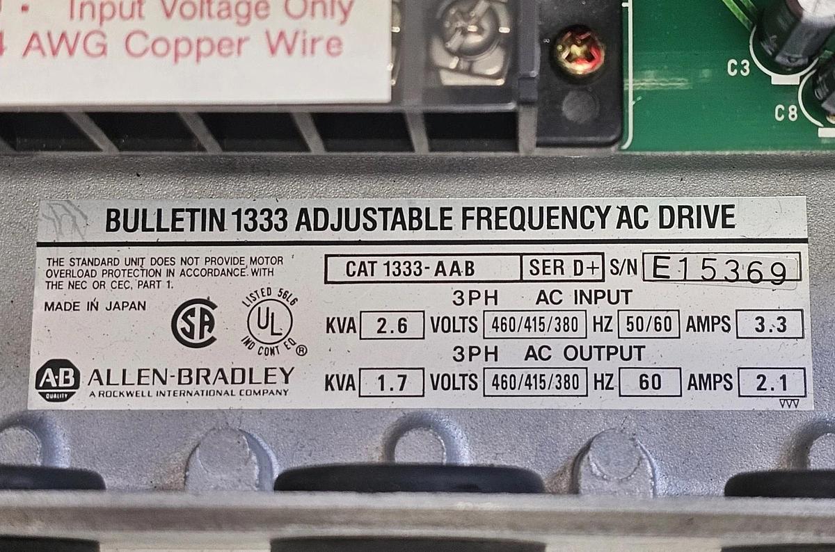 Used ALLEN BRADLEY 1333-AAB ADJUSTABLE FREQUENCY AC DRIVE 1333AAB SER. D