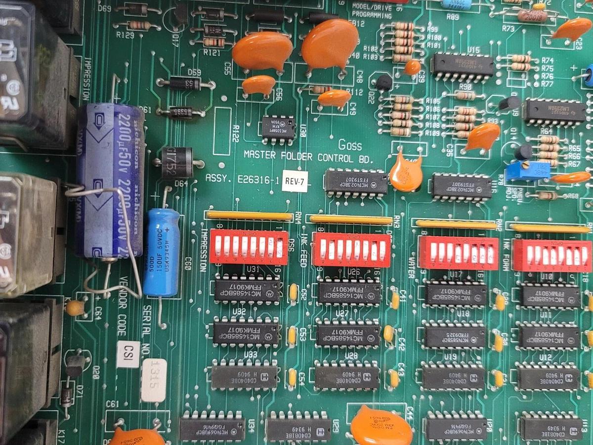Used ROCKWELL INTL CORP GOSS E26316-1 REV. 7 MASTER FOLDER CONTROL BOARD