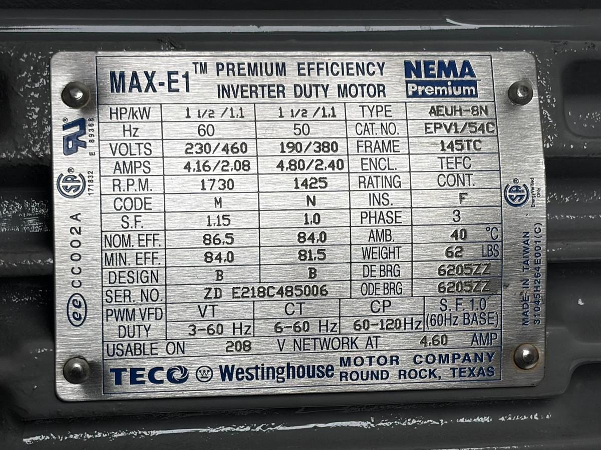 Used TECO Westinghouse EPV1/54C MAX-E1 1.5 HP Inverter Duty Motor 145TC TEFC