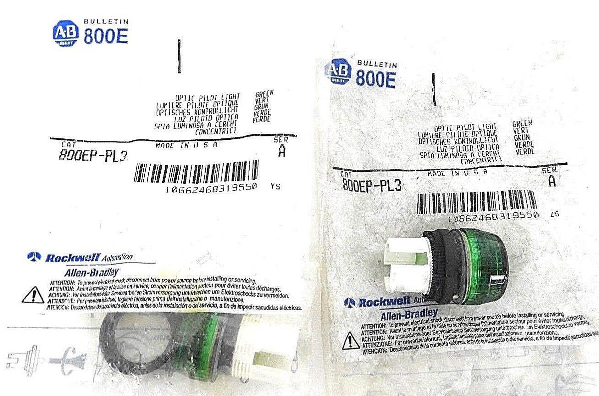 Used LOT OF 2 NEW ALLEN BRADLEY 800EP-PL3 GREEN OPTIC PILOT LIGHT 800EPPL3, SER. A