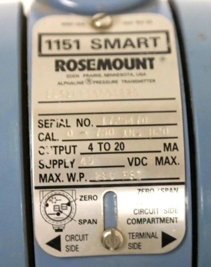 Used ROSEMOUNT 1151LT5SD0B22D PRESSURE TRANSMITTER 45V-DC 0-750 IN-H2O 1151-0011-0052