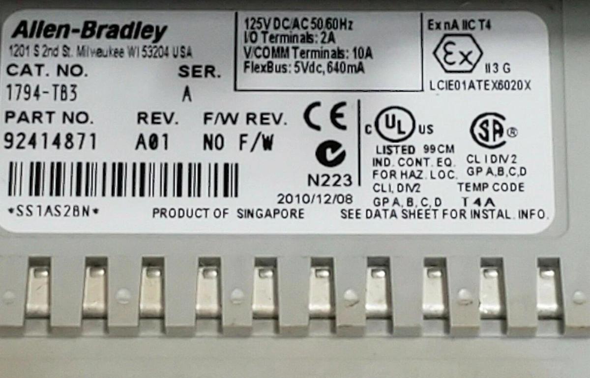 Used LOT OF 2 ALLEN BRADLEY 1794-TB3 TERMINAL BASE 1794TB3 SER. A REV. A01 P/N: 92414