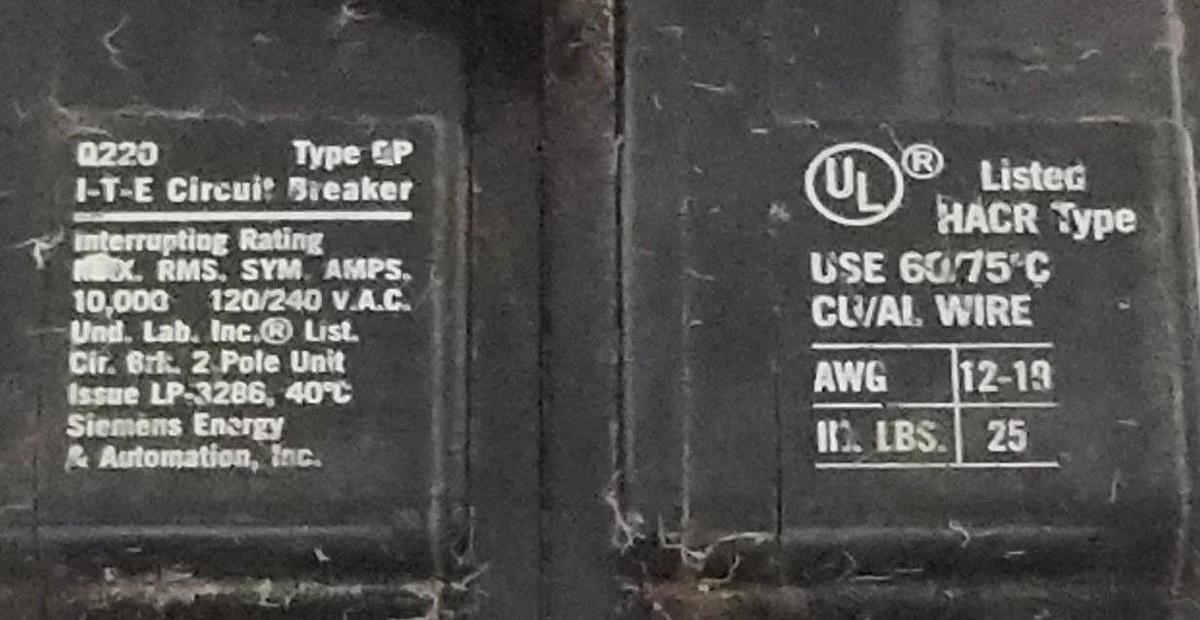 Used I-T-E Q220 TYPE QP CIRCUIT BREAKER 10Ka, 120/240V, 2P, 20A