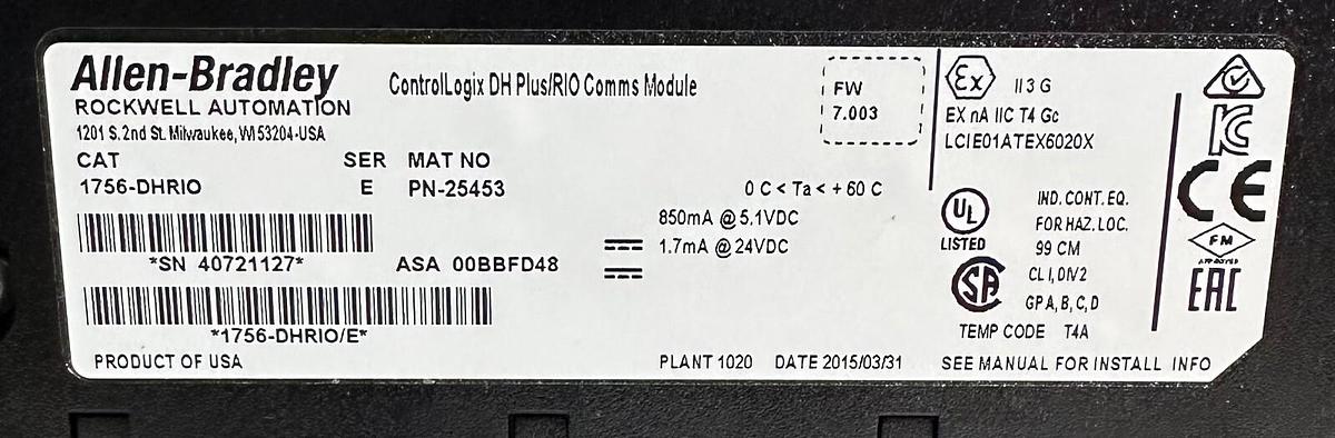 Used ALLEN BRADLEY 1756-DHRIO /E ControlLogix DH Plus/RIO COMMS MODULE 1756DHRIO