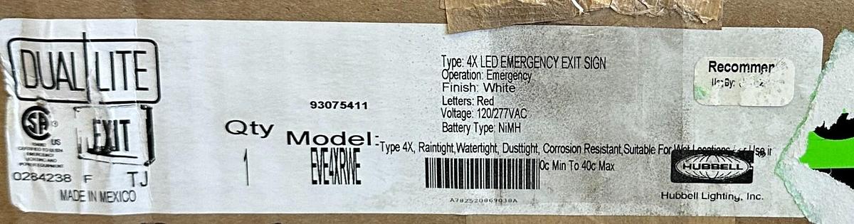 Used NEW HUBBELL DUAL LITE EVE4XRWE / 93075411 4X LED EMERGENCY EXIT SIGN 120/277VAC