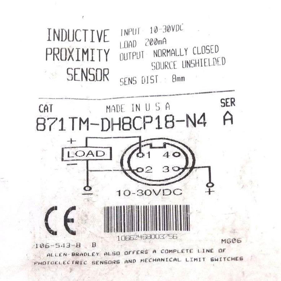 Used NIB ALLEN BRADLEY 871TM-DH8CP18-N4 SER. A INDUCTIVE PROXIMITY SENSOR 10-30VDC