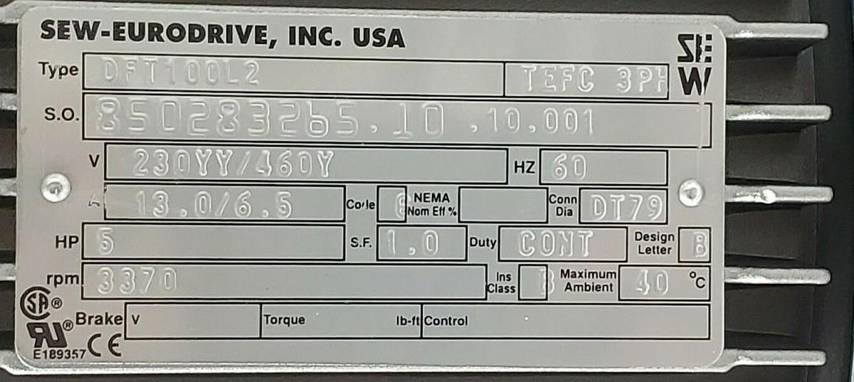 Used SEW-EURODRIVE DFT100L2 5HP 3370RPM MOTOR W/ KAZ37-DT100L2 GEARBOX KAZ37D5100L2