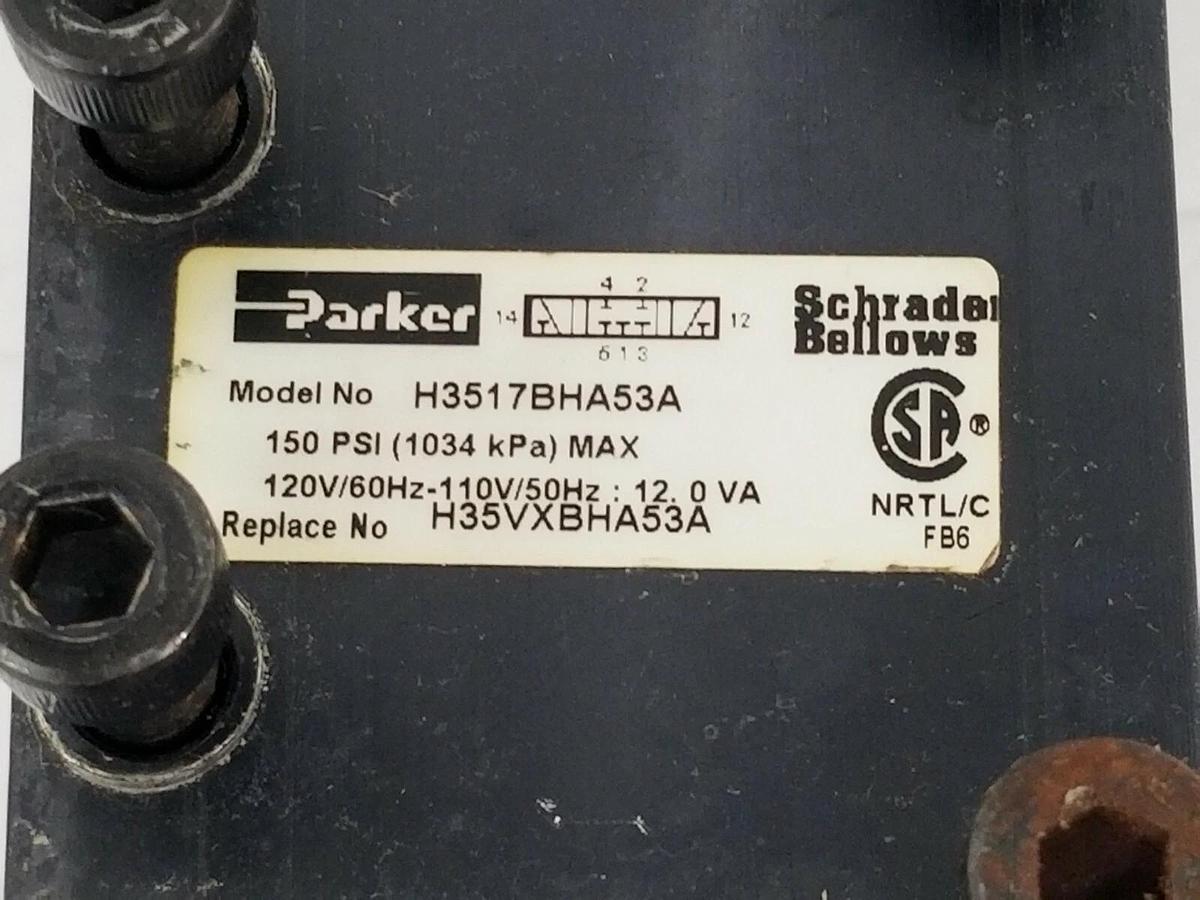 Used PARKER H3517BHA53A VALVE 150 PSI REPLACES H35VXBHA53A, 12.0 VA, K593-302 COILS