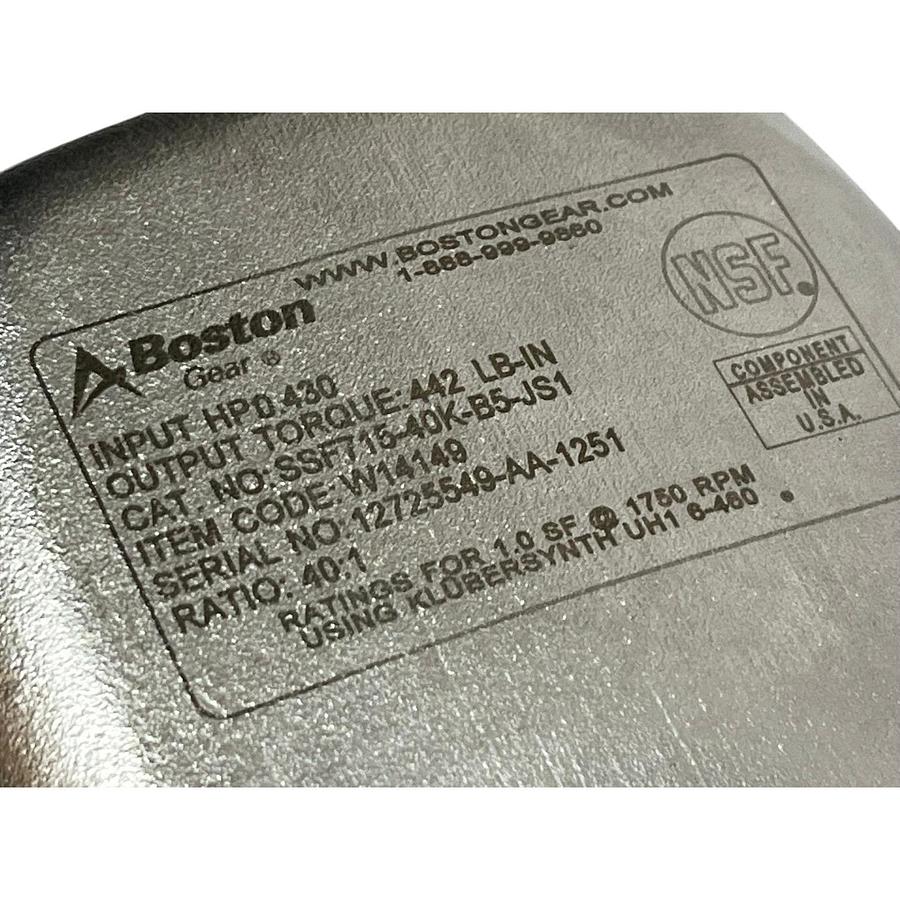 Used Boston Gear SSF715-40K-B5-JS1 Stainless Steel Speed Reducer 40:1 56C w/ Hardware