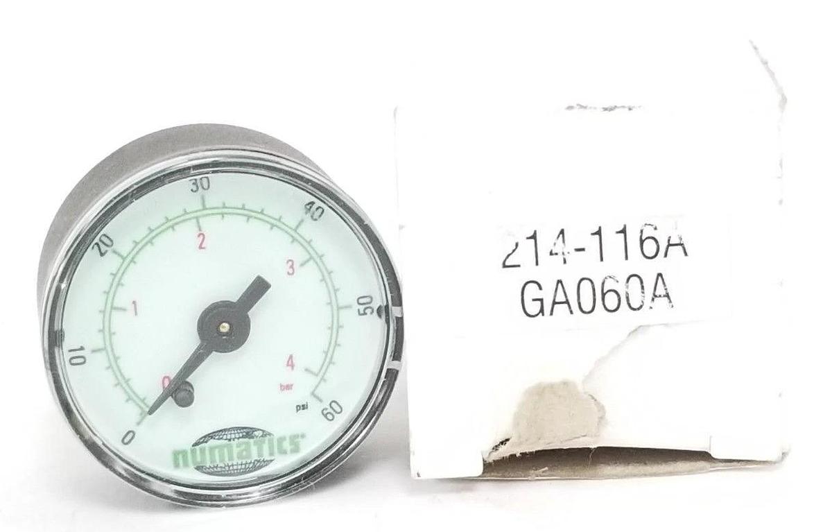 Used NIB NUMATICS 214-116A GAUGE 2'', 1/4'' THD, 0-60PSIG, 0-4BAR, 214116A