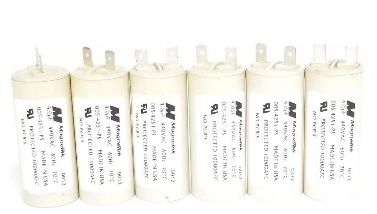 Used LOT OF 6 MAGNETEK 005-4251-PS ELECTROLYTIC CAPACITORS 440V, 4uF, CF4/440, 4251PS
