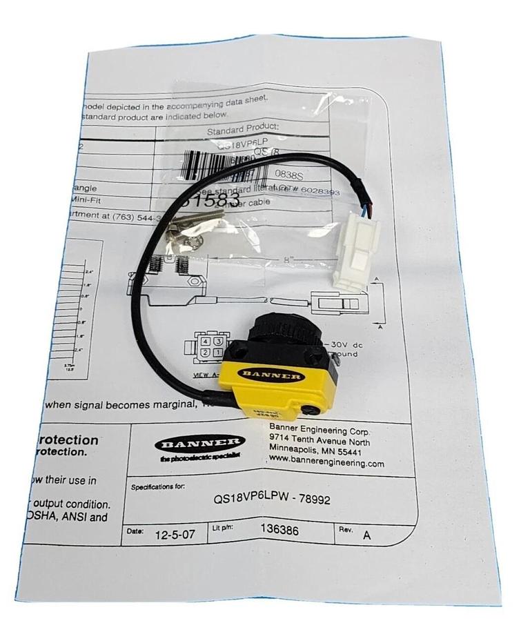 Used NIB BANNER QS18VP6LPW-78992 PHOTOELECTRIC SENSOR 78992