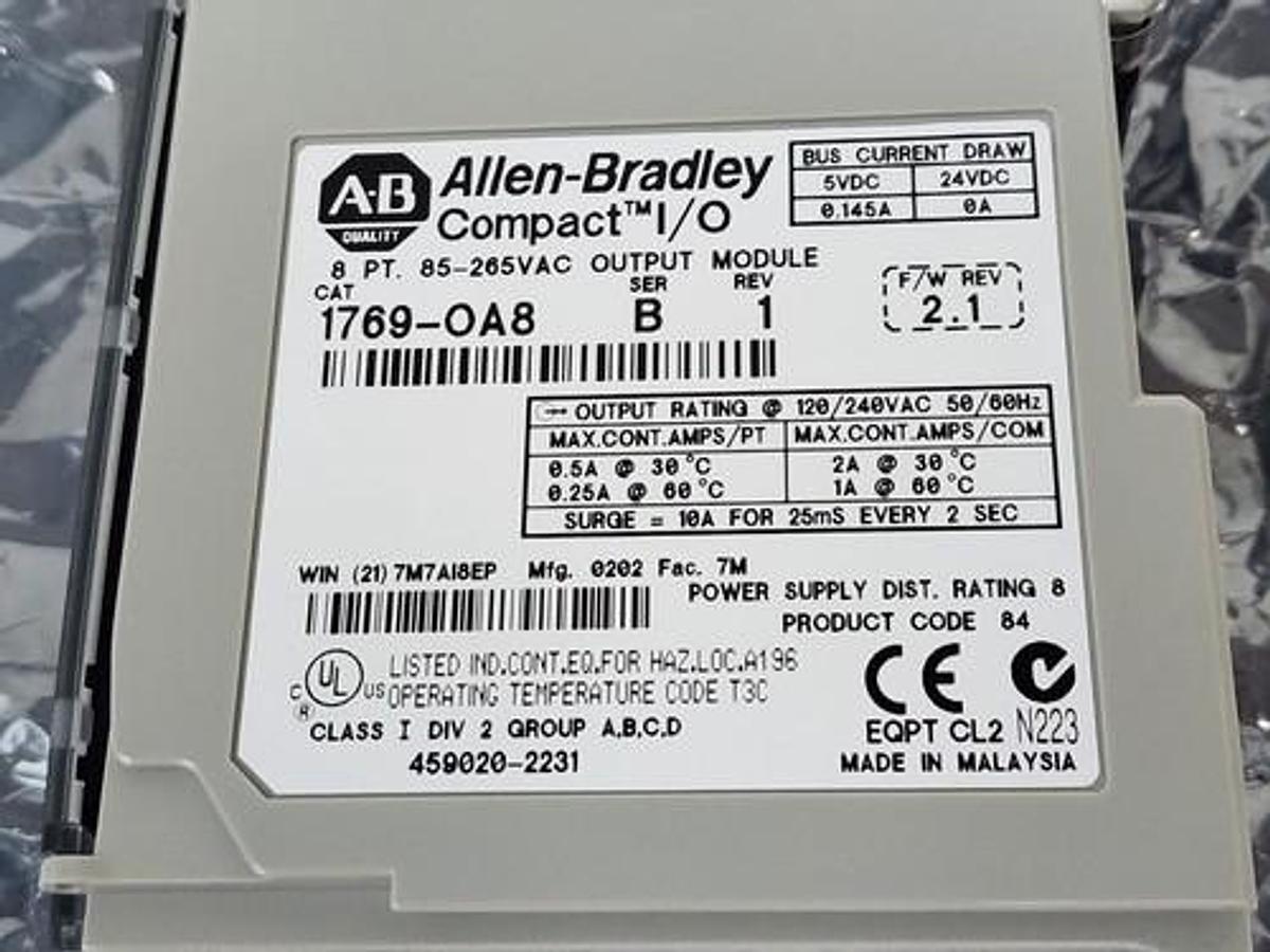 Used NIB ALLEN BRADLEY 1769-OA8 SER. B REV. 1 F/W REV. 2.1 COMPACT I/O MODULE 1769OA8