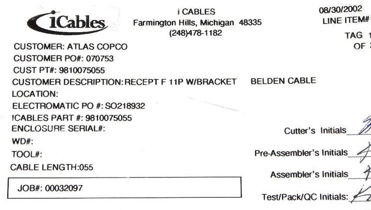 NEW ATLAS COPCO 9810075055 CABLE ASSEMBLY W/ RECEPTACLE F 11P