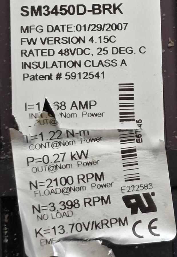 Used MOOG ANIMATICS SM3450D-BRK SmartMotor NEMA 34 SERVO MOTOR 0.27kW w/BRAKE USPI