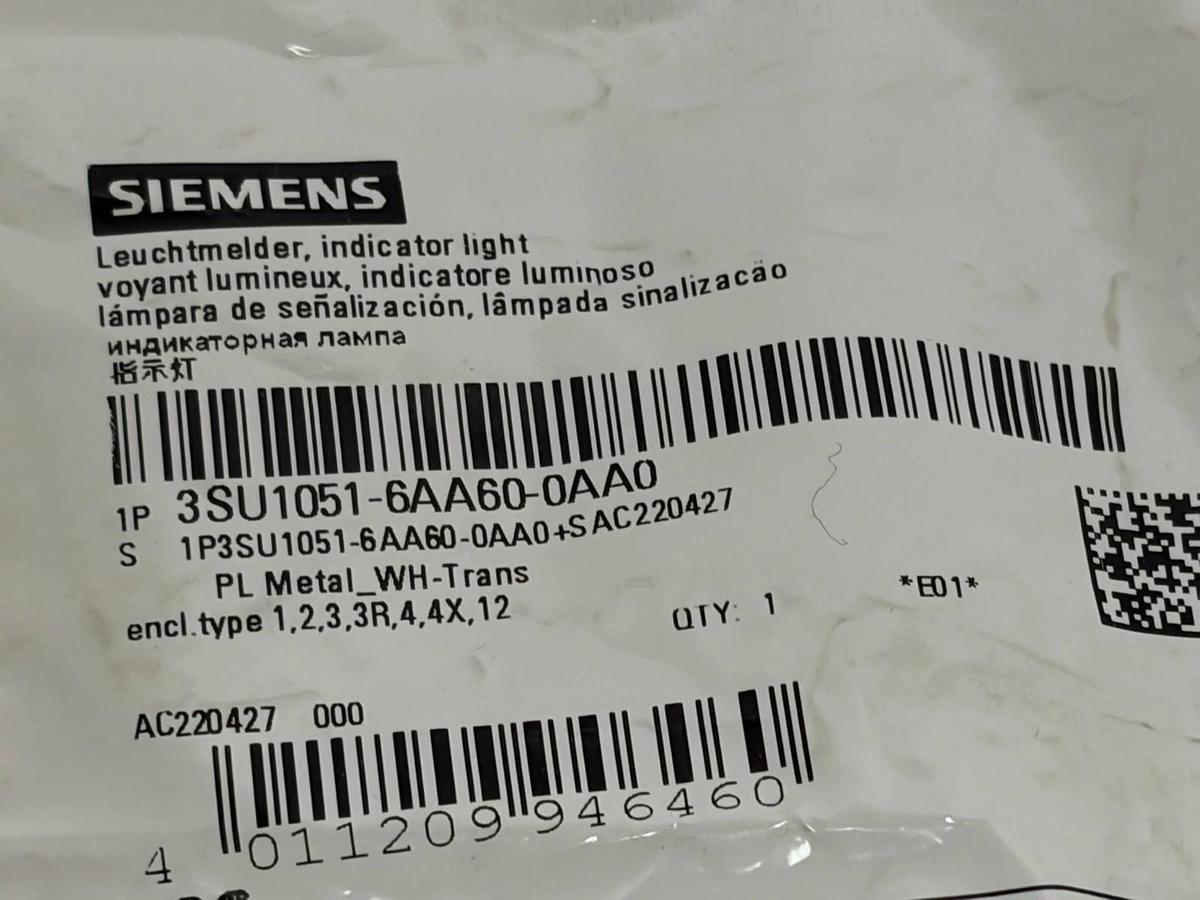 Used Siemens Sirius Act 3SU1051-6AA60-0AA0 White Indicator Light Lens Head New