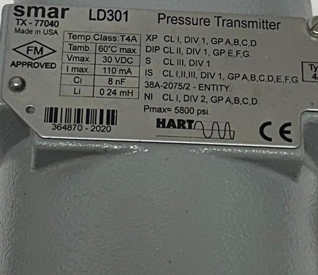 Used SMAR LD301 HART SMART PRESSURE TRANSMITTER 1/2'' W/ LONE STAR MANIFOLD ASSY USNP