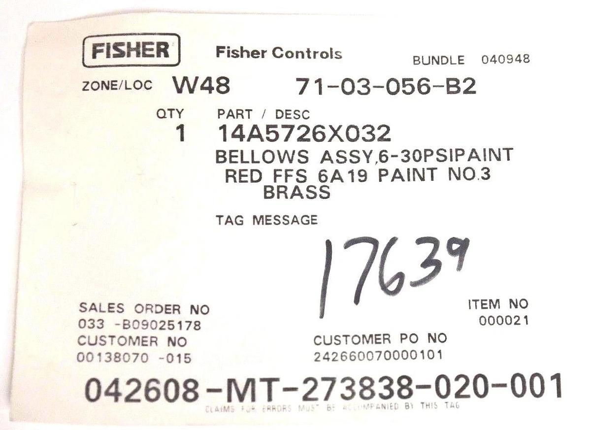 NIB FISHER CONTROLS 14A5726X032 BELLOWS ASSEMBLY