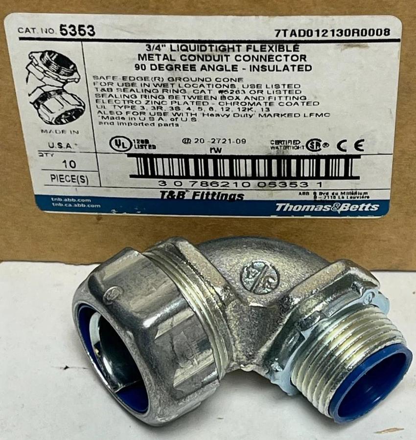 Box of 10) THOMAS & BETTS 5353 Liquidtight Connector 3/4" 90° Angle | INSULATED