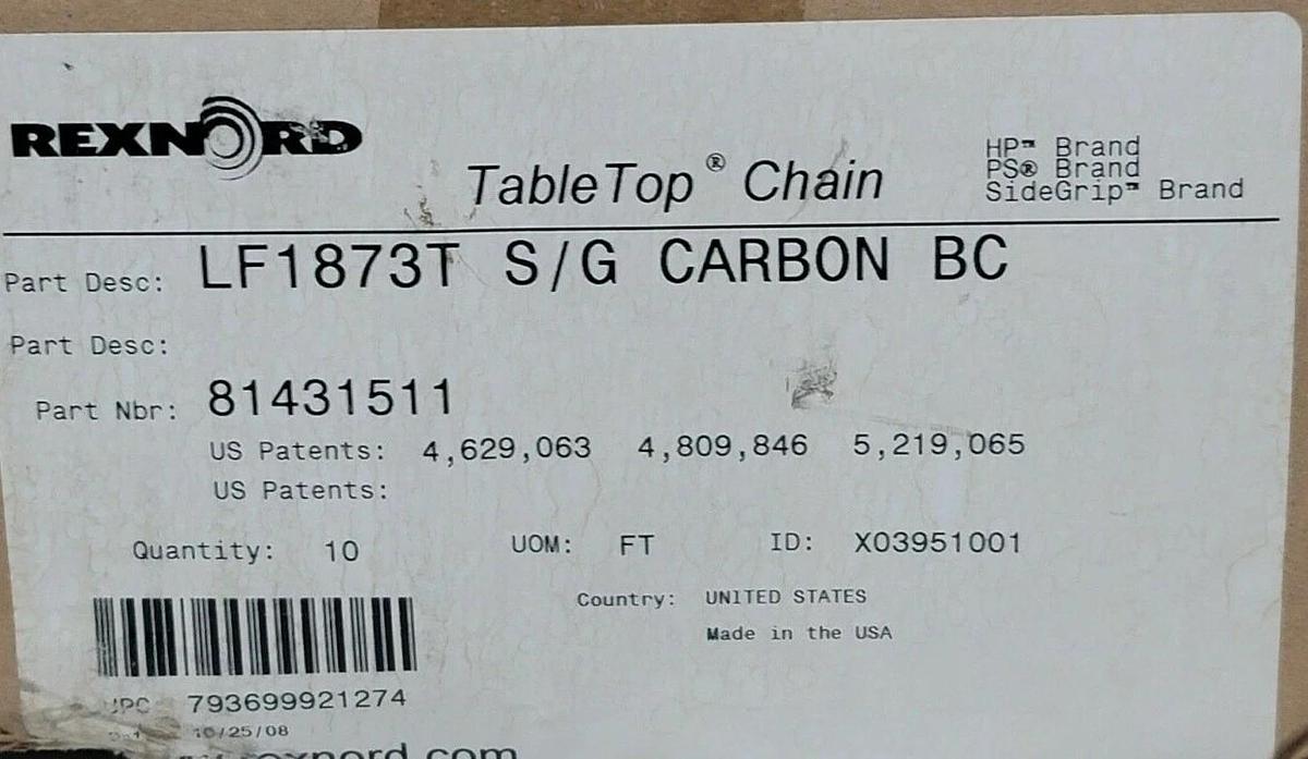 Used NIB REXNORD 81431511 LF1873T S/G CARBON BC TABLE TOP CHAIN W: 3.75" PITCH 1.5"