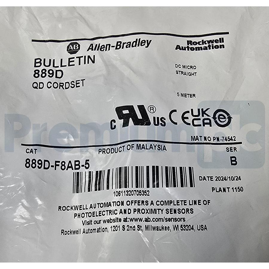 Used Allen Bradley 889D-F8AB-5 /B M12 DC Micro Cordset 8-Pin Female Straight 5m NSFS