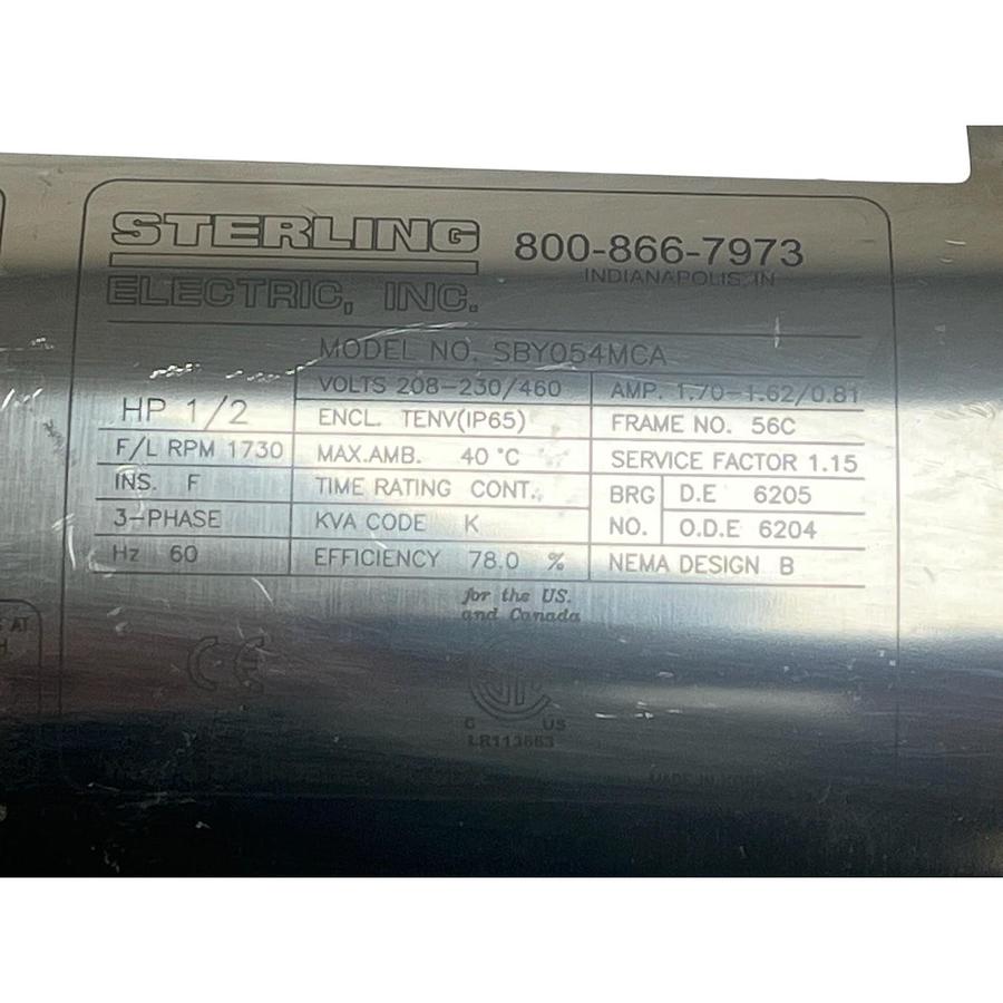 Used Sterling Electric SBY054MCA 1/2 HP Washdown Motor 3PH 230/460V 56C New Surplus