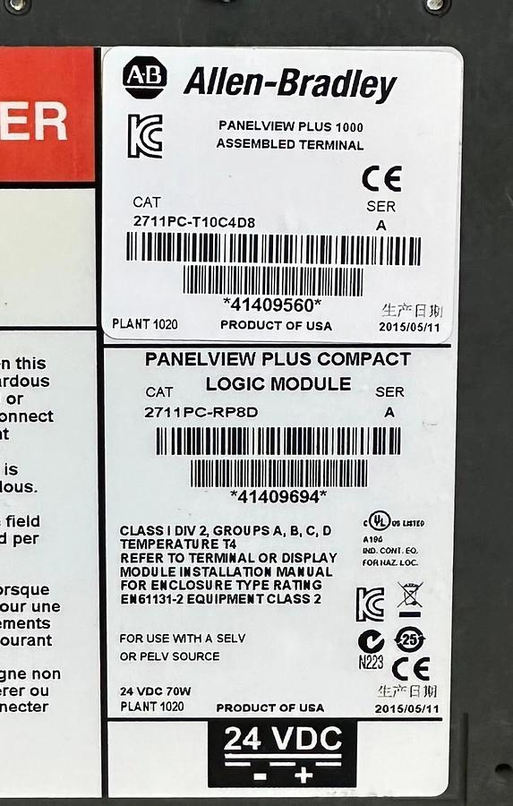 Used ALLEN BRADLEY 2711PC-T10C4D8 /A PanelView Plus 1000 TOUCH ENet 2711P-RDT10C