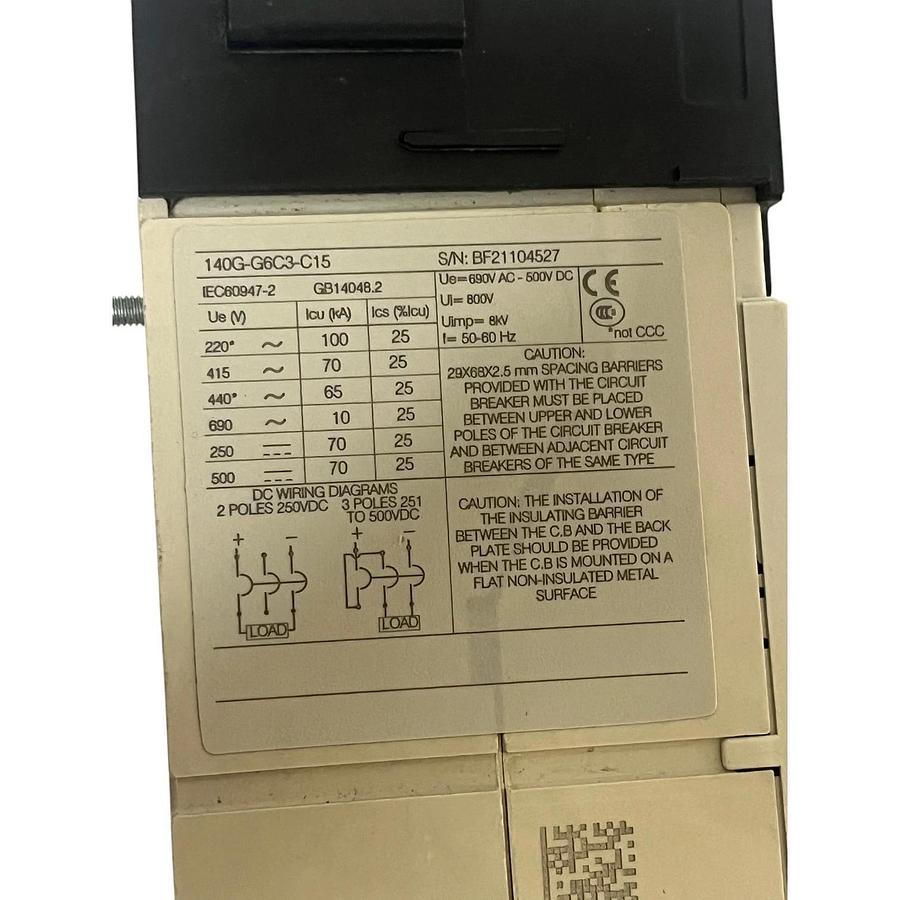 Used Allen-Bradley 140G-G6C3-C15 Molded Case Circuit Breaker 15A 3-Pole 600V