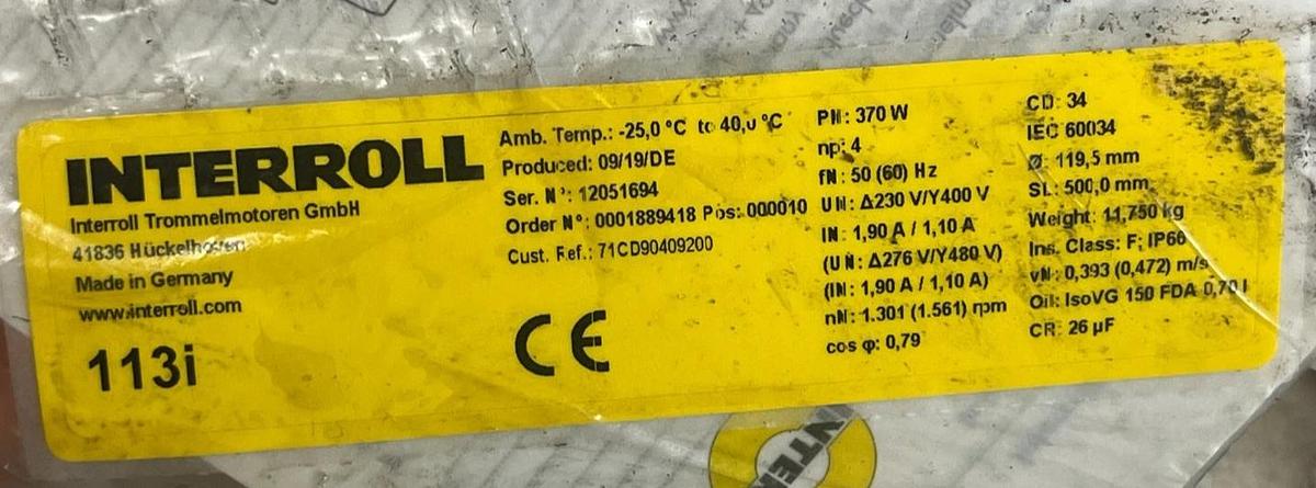 Used Interroll 113i Drum Motor 370W 460V 3PH IP66 | PU Lagged Shell | 300mm FW